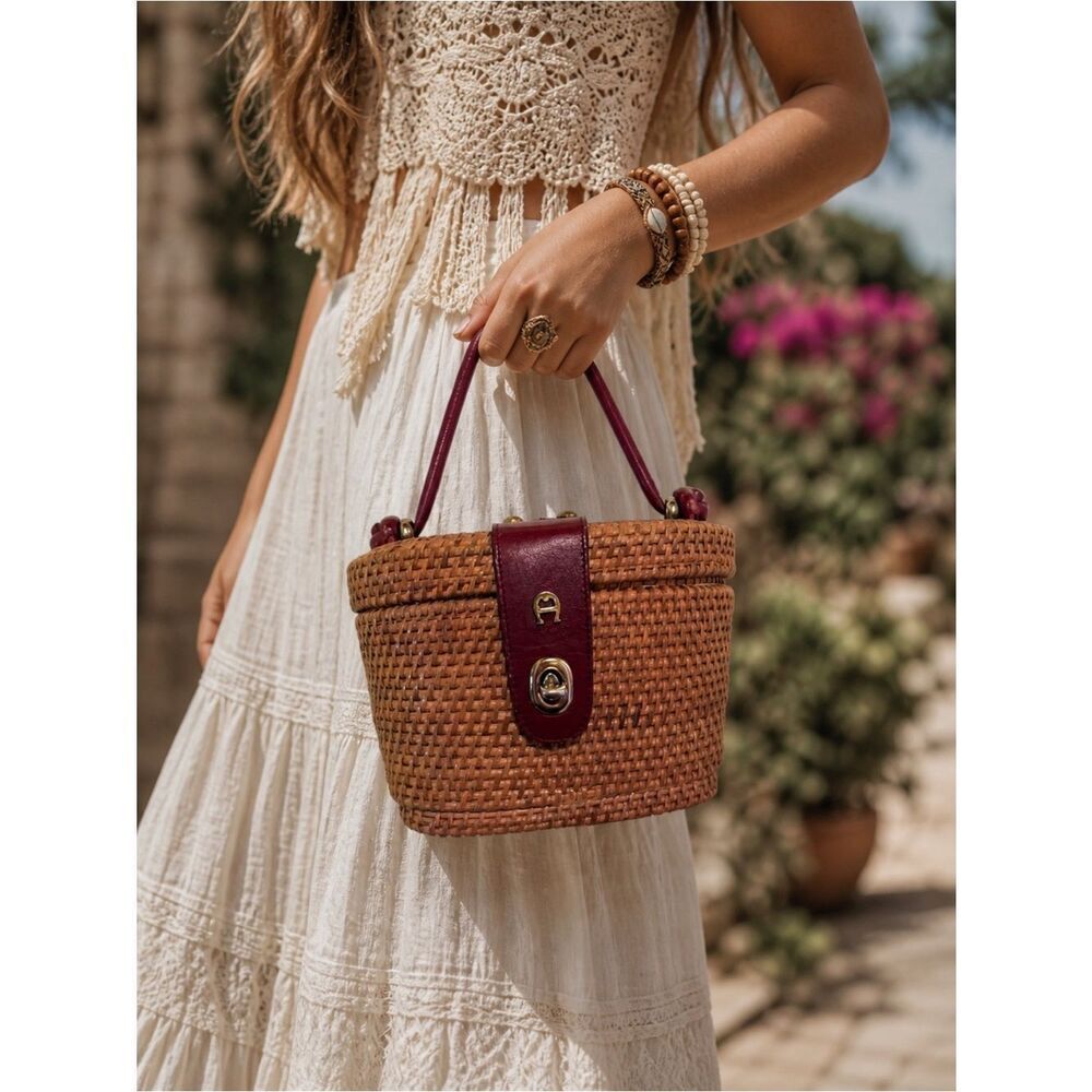 Vintage 70’s Etienne Aigner Woven Straw Basket Bag with Burgundy Leather Trim